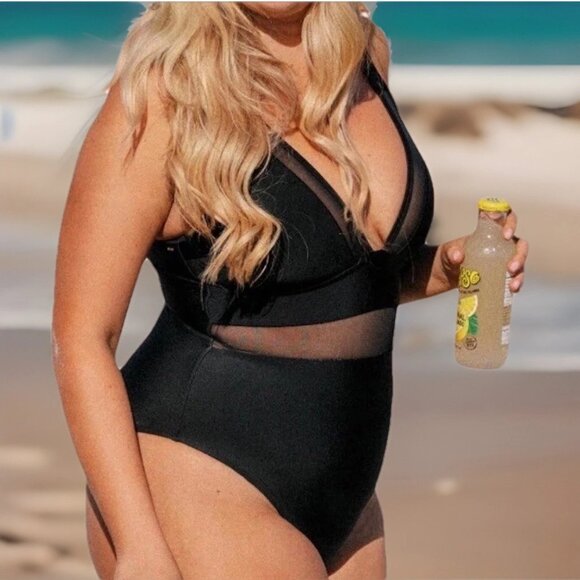 Cupshe Women’s 2X Black One-Piece Swimsuit V-Neck Mesh Sheer Tummy Control - Picture 2 of 9